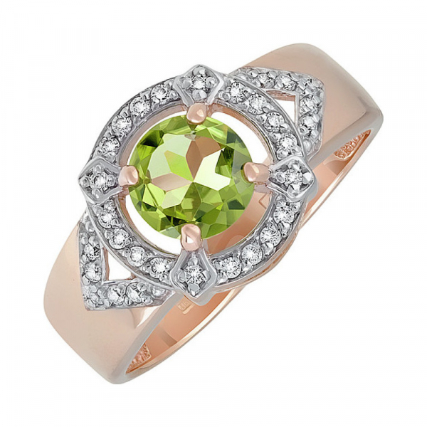 Золотое кольцо с хризолитом и фианитом № 137540