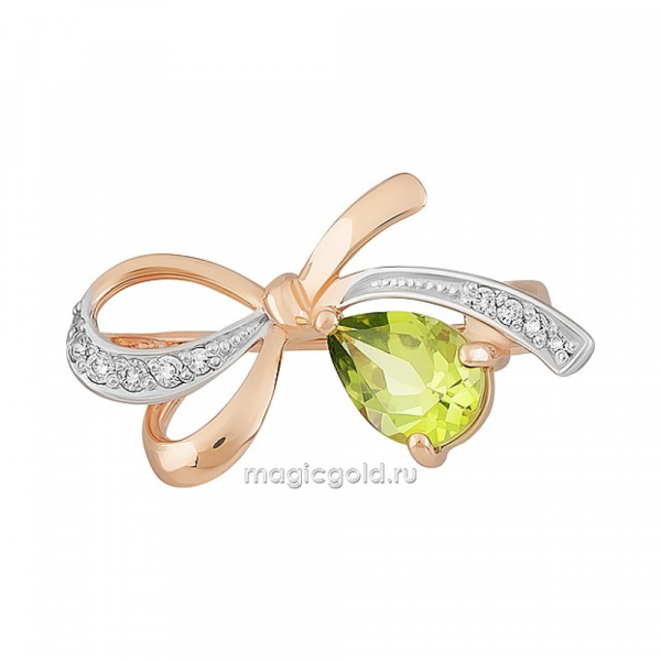 Золотая брошь с хризолитом и фианитом № 164307