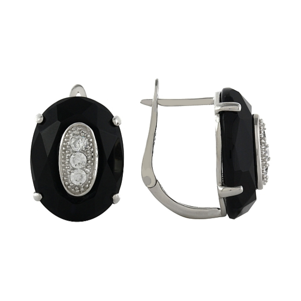 Серебряные серьги с имитац. оникса и фианитами № 99497