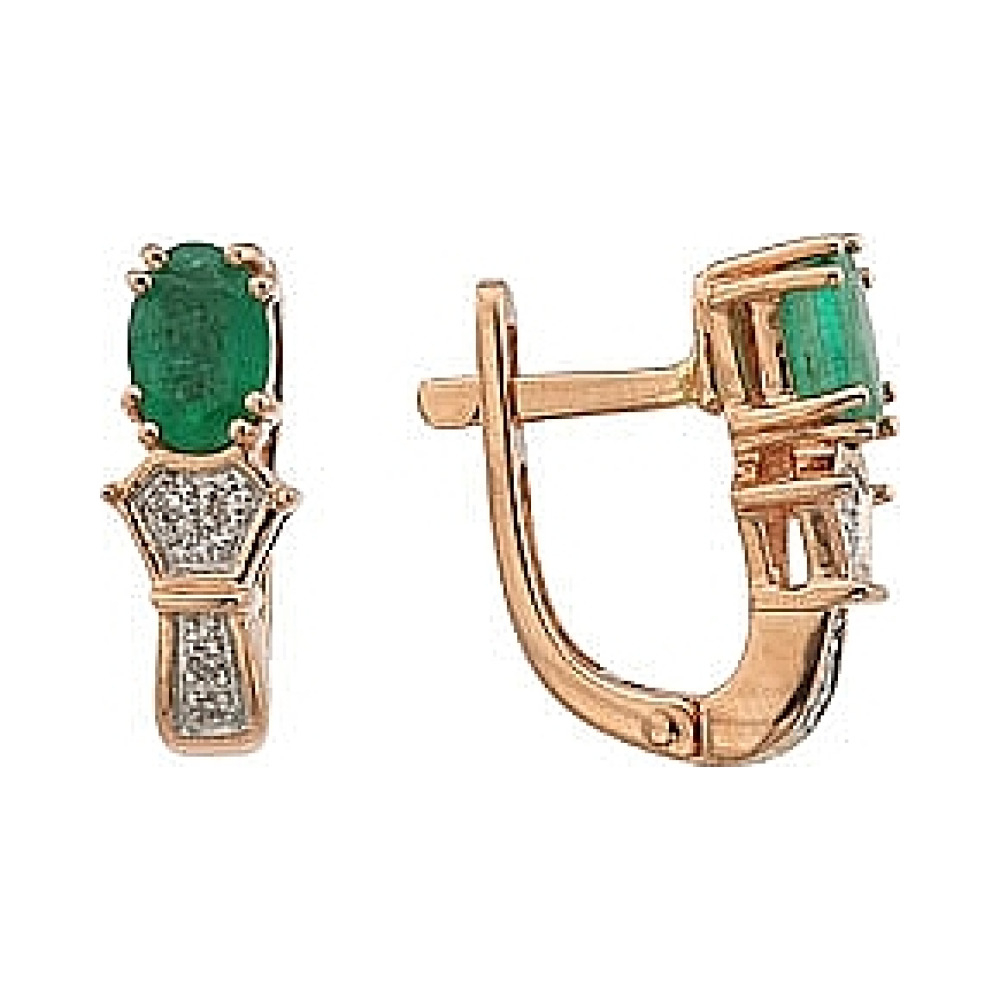 Золотые серьги с бриллиантом и изумрудом № 64406