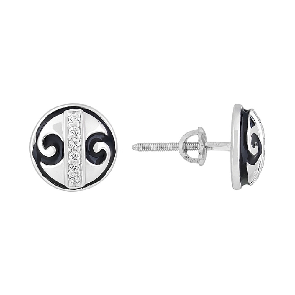 Серебряные серьги с фианитом и эмалью № 115222