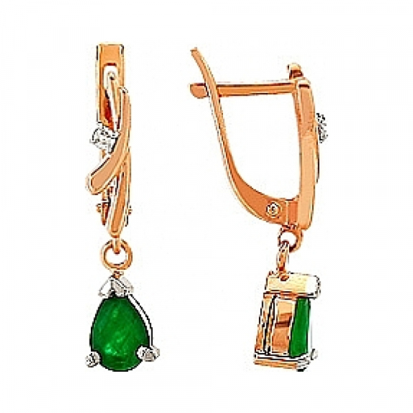 Золотые серьги с бриллиантом и изумрудом № 84873