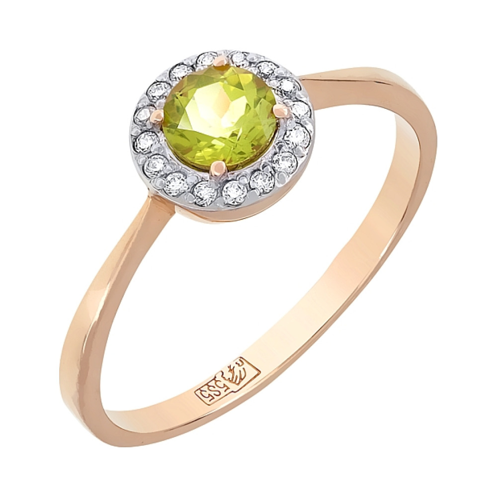 Золотое кольцо с хризолитом и фианитом № 104616