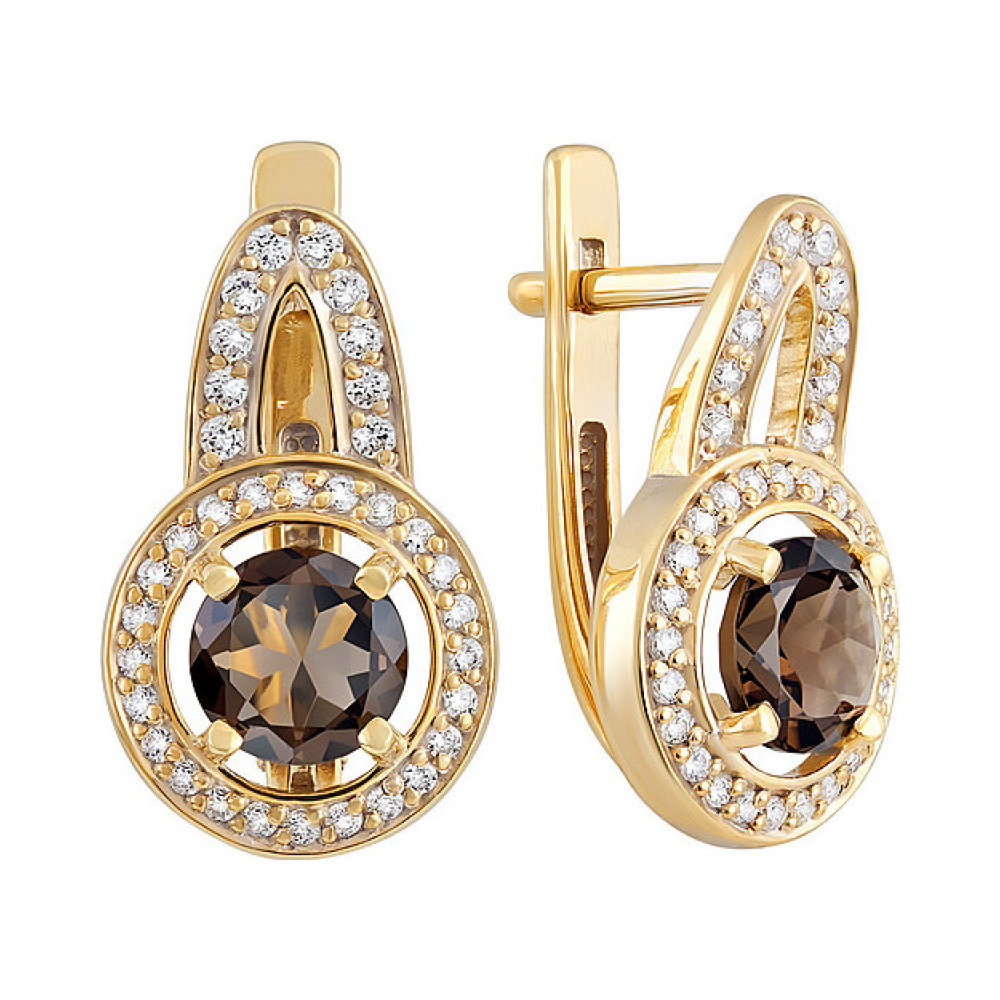 Серебряные серьги с раухтопазом, фианитом и золотым покрытием № 132633