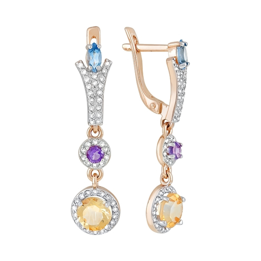 Золотые серьги с полудрагоценными  вставками и фианитом № 120441