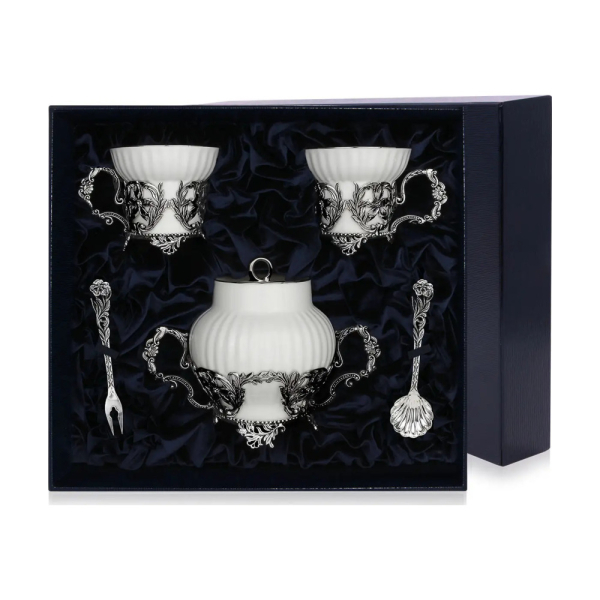 Набор Симфония : вилка для лимона, совок для сахара, сахарница, чашка, из серебра 925 пробы