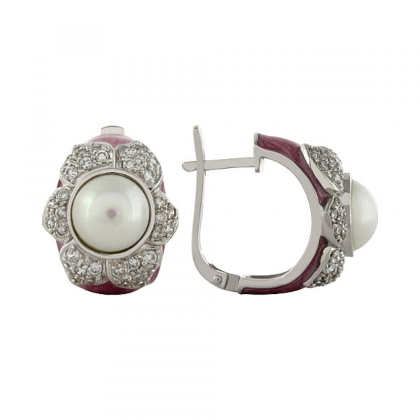 Серебряные серьги с имитац. жемчуга и фианитом № 73718