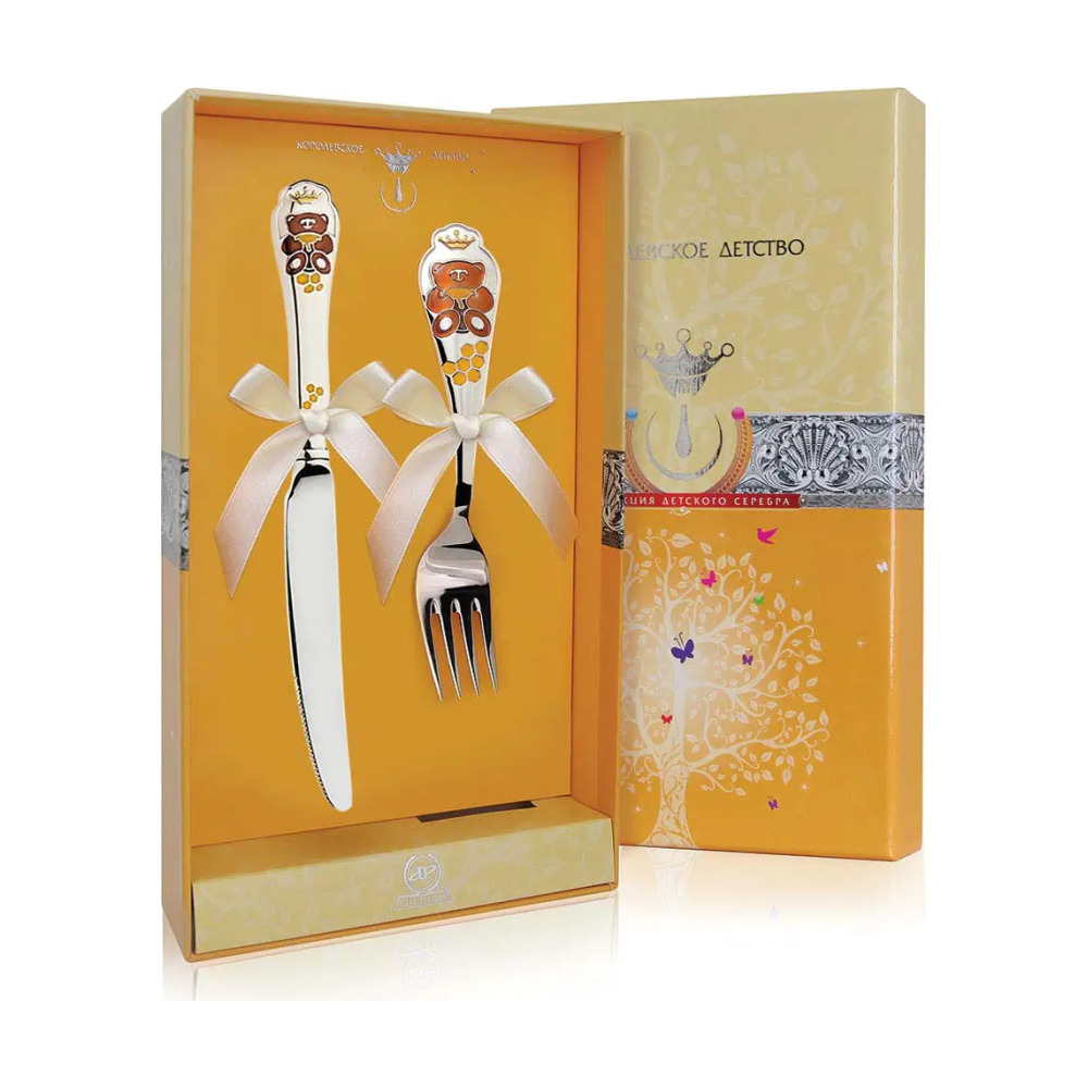 Набор детский КД Мишка: вилка и нож с позолотой с эмалью из серебра 925 пробы