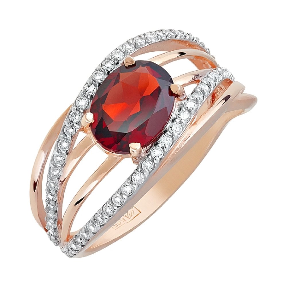 Золотое кольцо с гранатом и фианитом № 119618