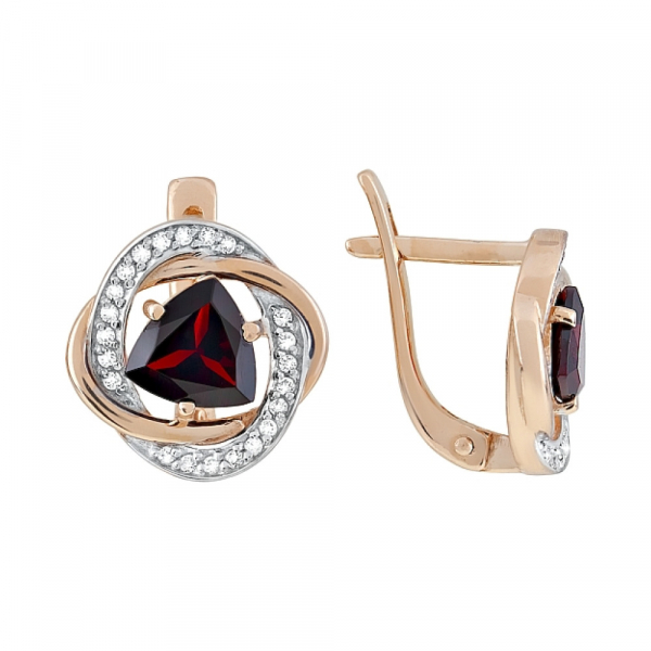 Золотые серьги с гранатом и фианитом № 119418