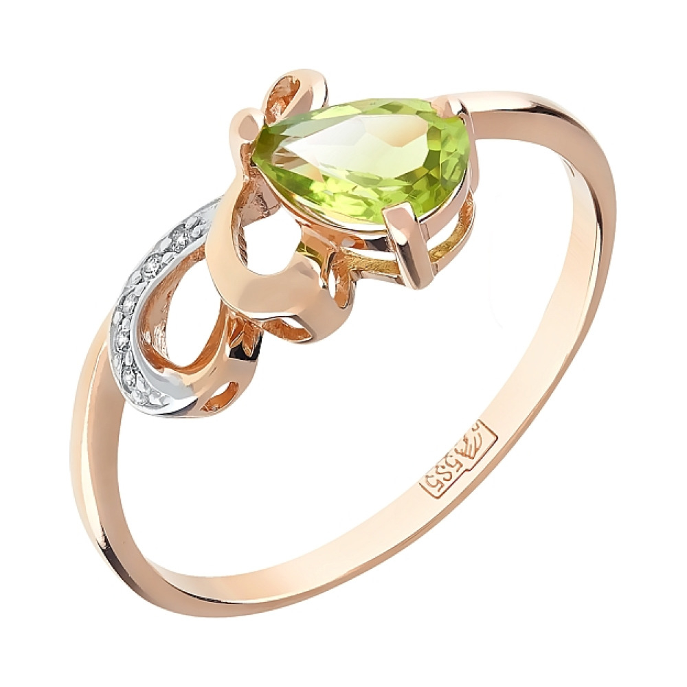 Золотое кольцо с хризолитом и фианитом № 96911