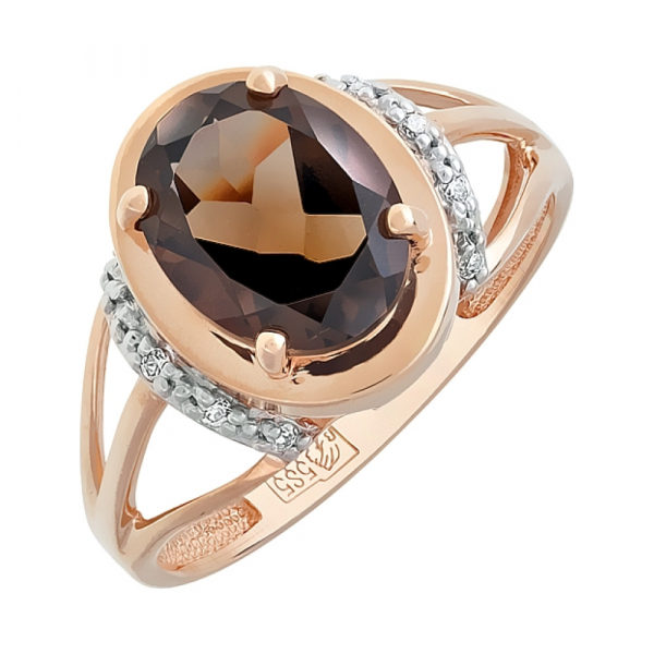 Золотое кольцо с раухтопазом и фианитом № 113325