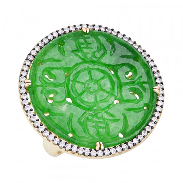 Серебряное кольцо с нефритом, фианитом и золотым покрытием № 118155