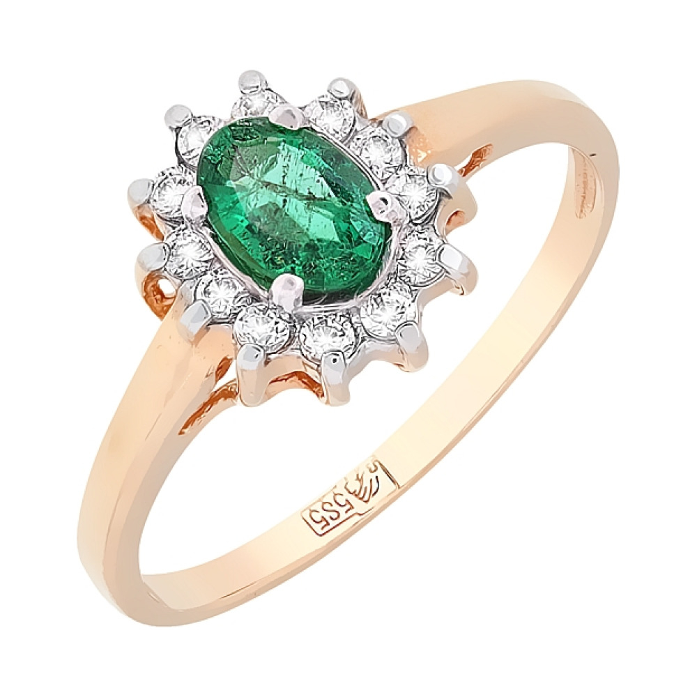 Золотое кольцо с изумрудом и фианитом № 24815