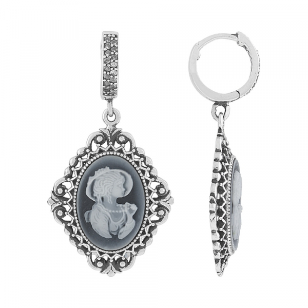 Серебряные серьги с карбоном и фианитом № 108421