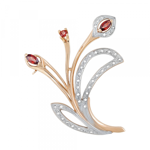 Золотая брошь с гранатом и фианитом № 122976