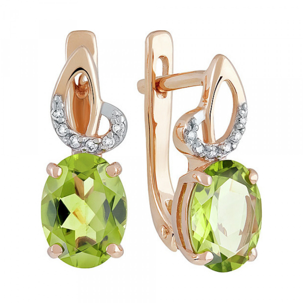 Золотые серьги с хризолитом и фианитом № 135578