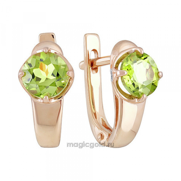 Золотые серьги с хризолитом и фианитом № 139248