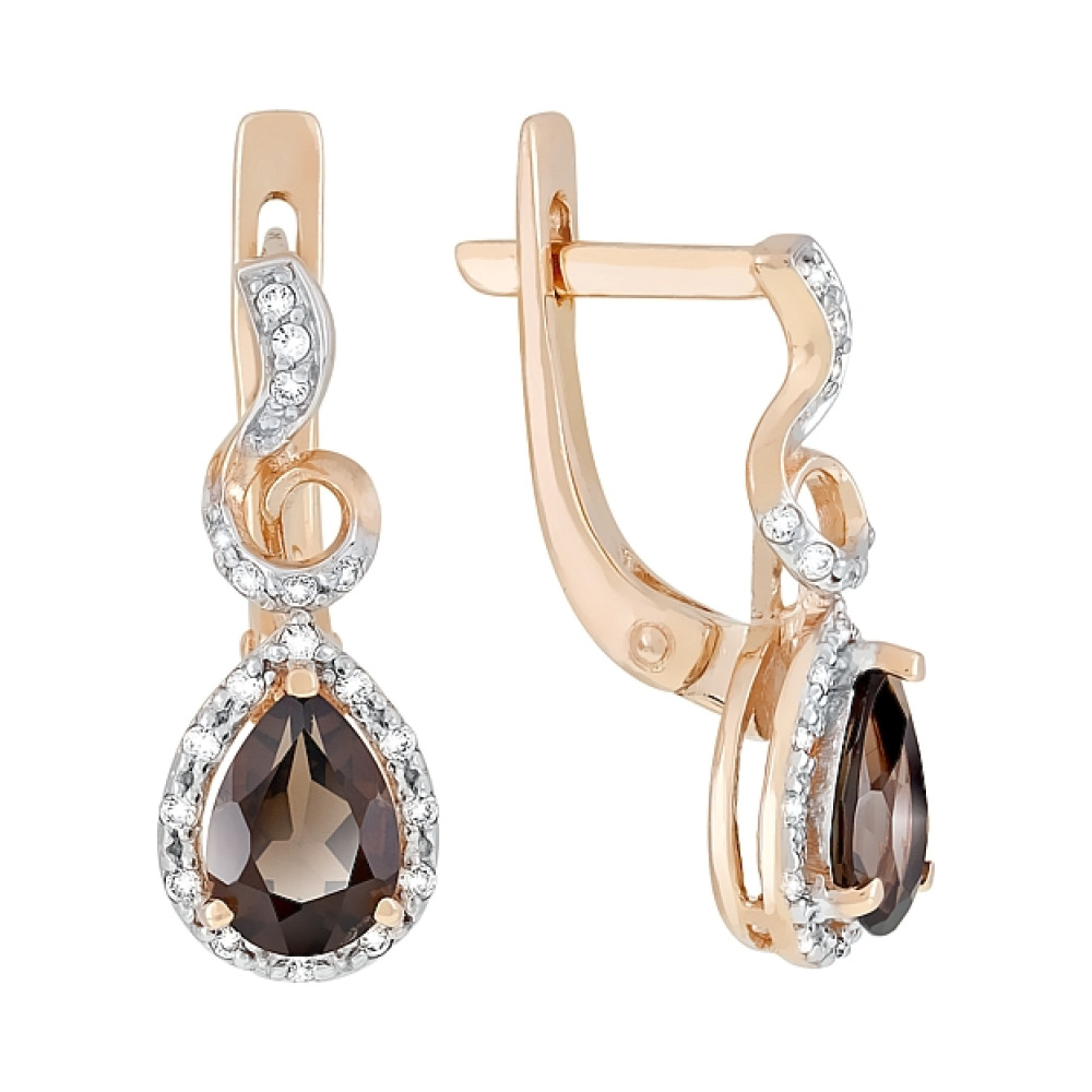 Золотые серьги с раухтопазом и фианитом № 117743