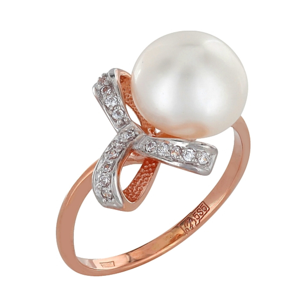 Золотое кольцо с жемчугом и фианитом № 99631