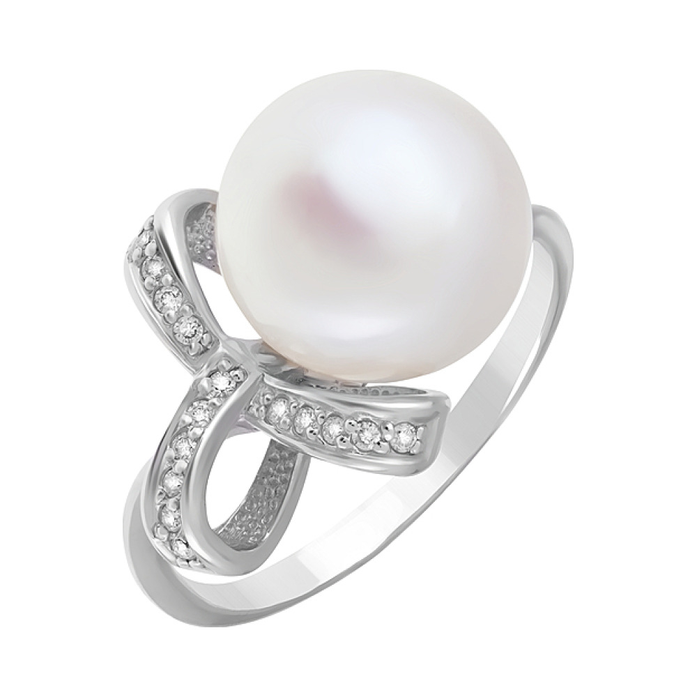 Золотое кольцо с бриллиантом и жемчугом № 100024