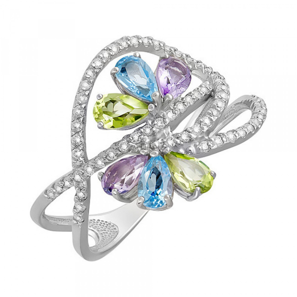 Серебряное кольцо с полудрагоценными вставками и фианитом № 131454