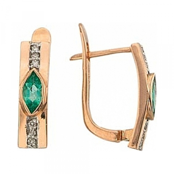 Золотые серьги с бриллиантом и изумрудом № 3038