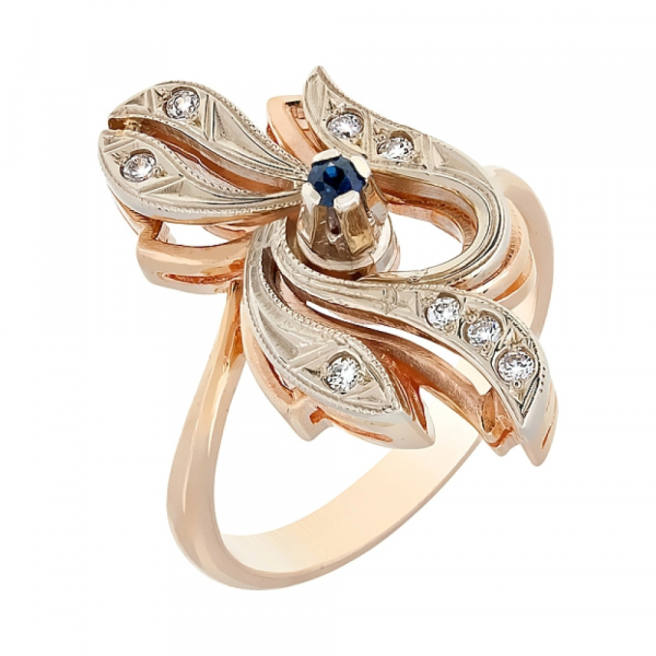 Золотое кольцо с сапфиром и фианитом № 4284