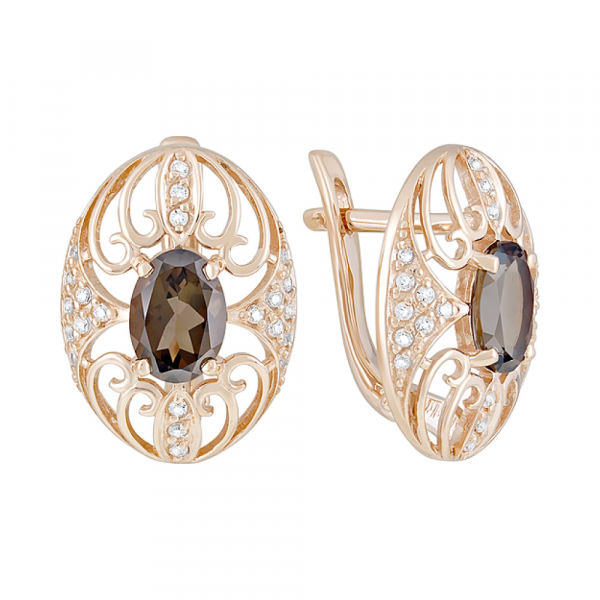 Золотые серьги с раухтопазом и фианитом № 126339