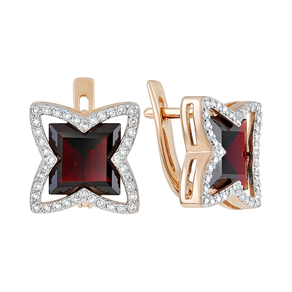 Золотые серьги с гранатом и фианитом № 128496