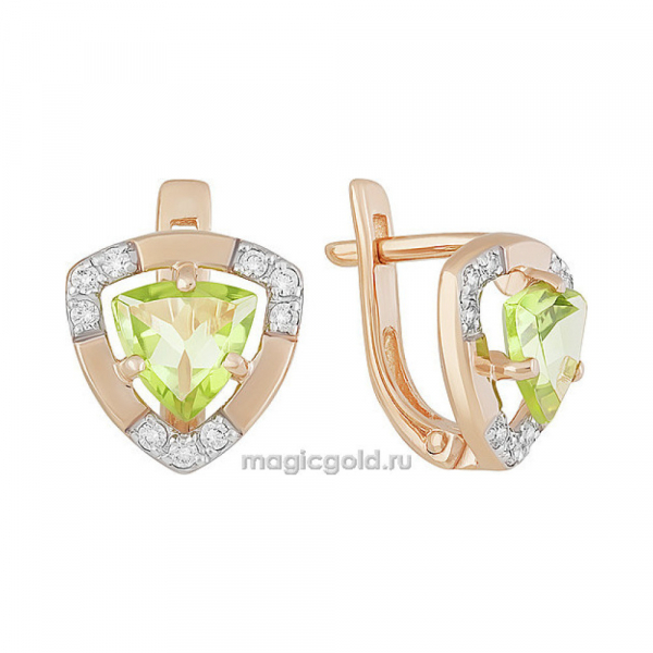 Золотые серьги с хризолитом и фианитом № 142194