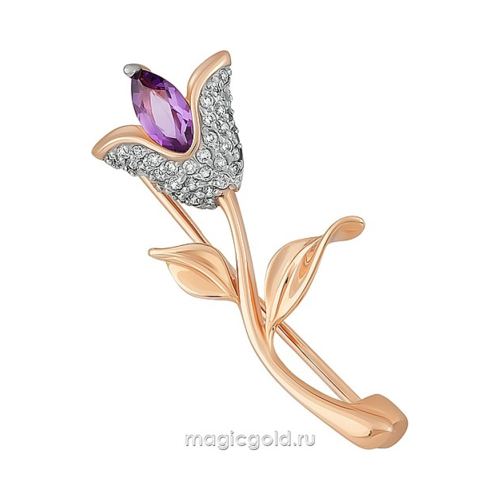 Золотая брошь с аметистом и фианитом № 164313