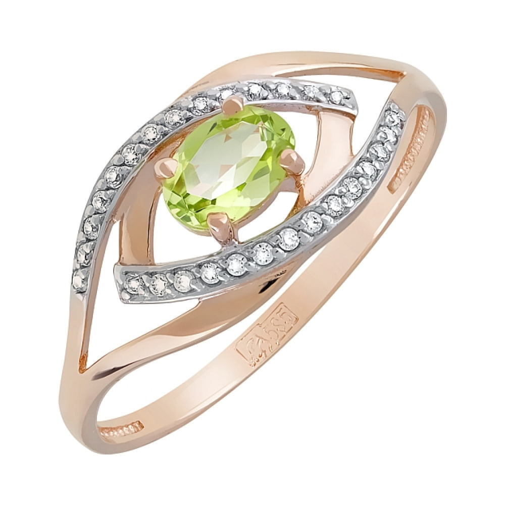 Золотое кольцо с хризолитом и фианитом № 119963