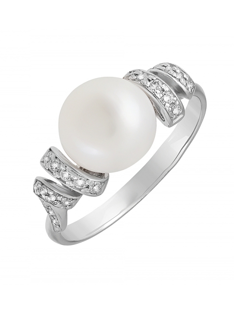 Серебряное кольцо с жемчугом и фианитом № 131611