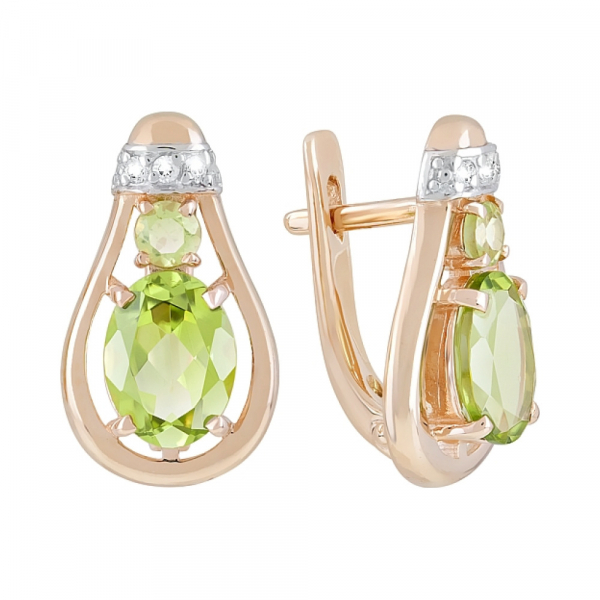 Золотые серьги с хризолитом и фианитом № 120799