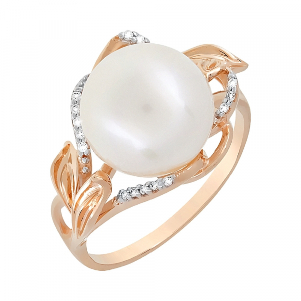 Золотое кольцо с жемчугом и фианитом № 118542