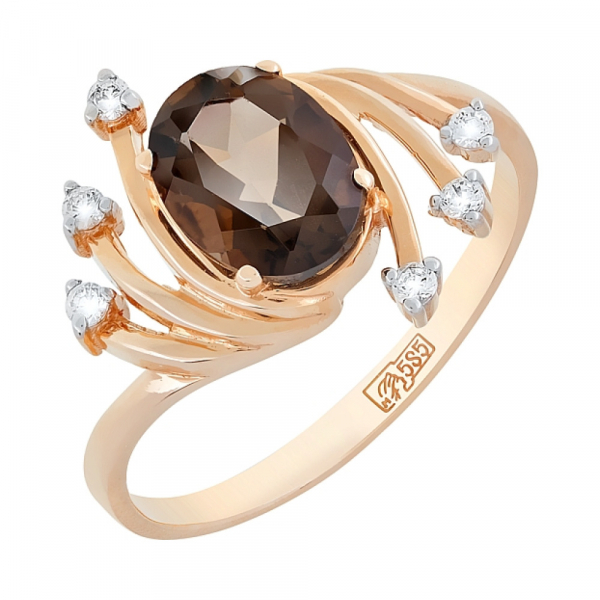 Золотое кольцо с раухтопазом и фианитом № 100560