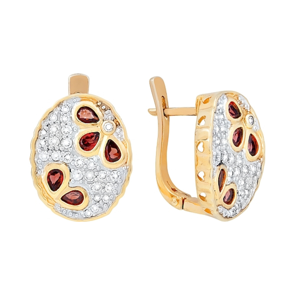 Серебряные серьги с гранатом, фианитом и зол.покрыт. № 70896