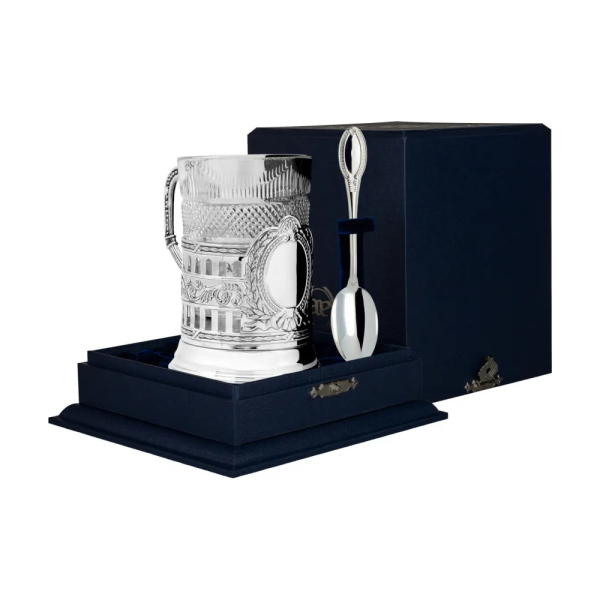 Набор для чая Гербовый: ложка, стакан, подстаканник с позолотой из серебра 925 пробы