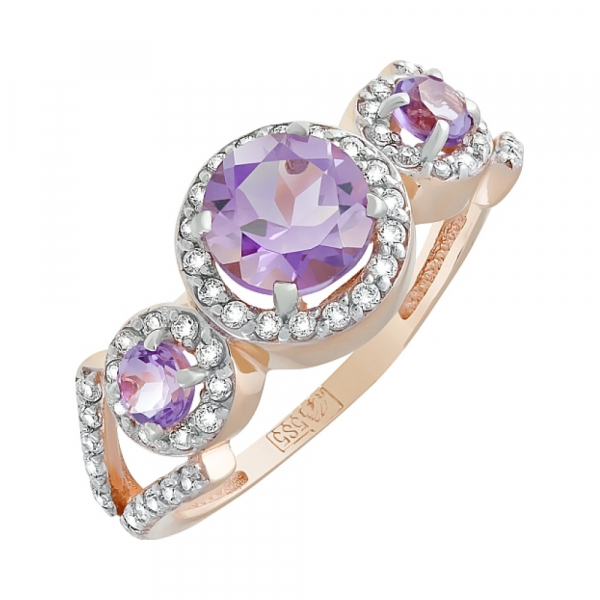 Золотое кольцо с аметистом и фианитом № 120646