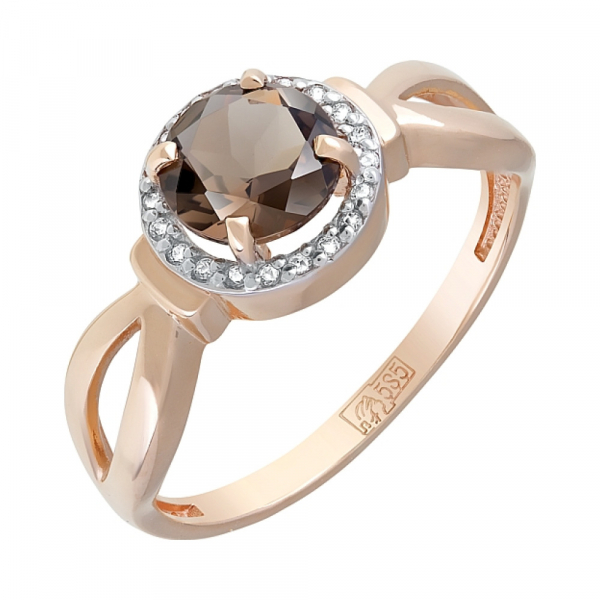 Золотое кольцо с раухтопазом и фианитом № 121045