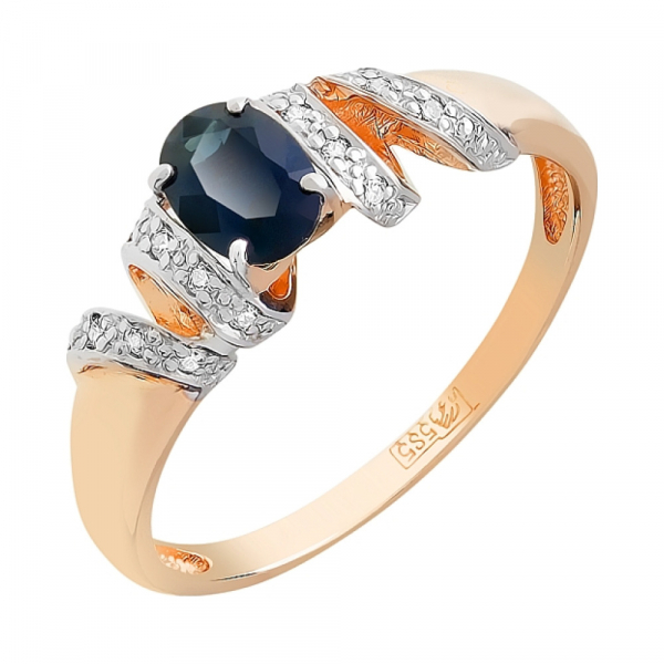 Золотое кольцо с бриллиантом и сапфиром № 104799