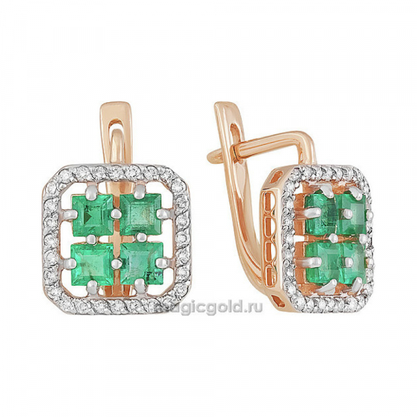 Золотые серьги с бриллиантом и изумрудом № 159086