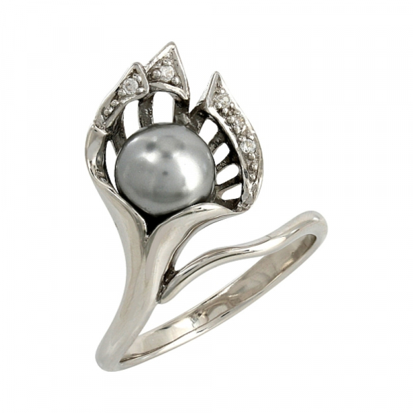 Серебряное кольцо с имитац. жемчуга и фианитом № 106232