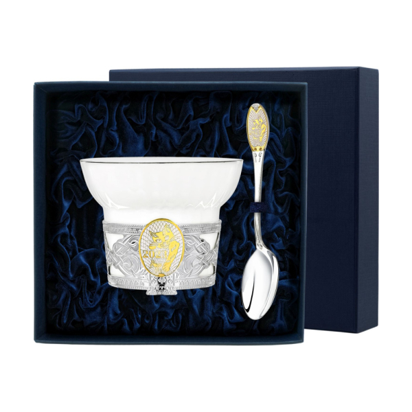 Набор чайная чашка с логотипом Кот : ложка, чашка из серебра 925 пробы подарок на Новый Год