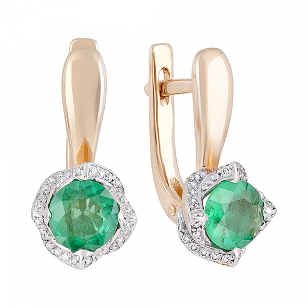 Золотые серьги с бриллиантом и изумрудом № 121187