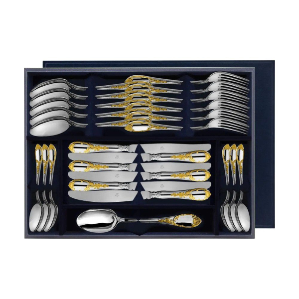 Набор столовый Престиж: вилка, ложка, нож, чайная ложка с позолотой из серебра 925 пробы