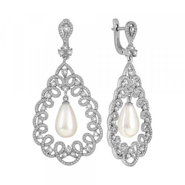 Серебряные серьги с перламутровым жемчугом и фианитом № 134599