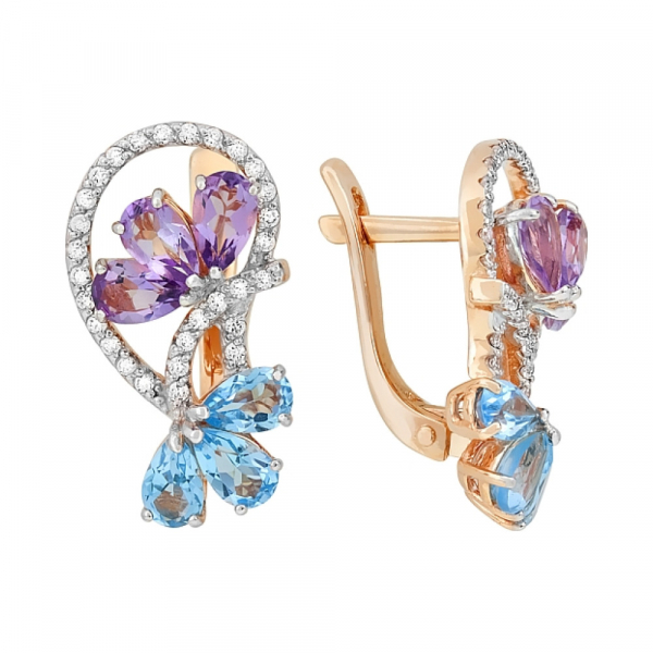 Золотые серьги с аметистом, топазом и фианитом № 112160