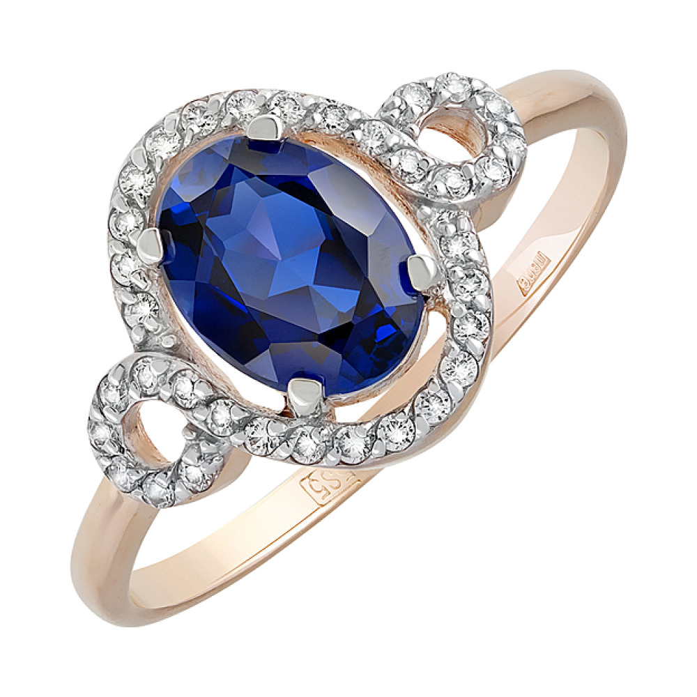 Золотое кольцо с сапфиром иск.выр. и фианитом № 129936